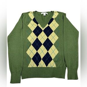 Merona Green Argyle V-Neck Sweater Preppy Diamond Knit Women’s Size XS
